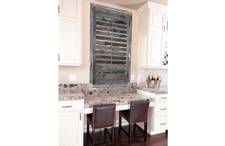 Reclaimed wood shutters on kitchen window in Las Vegas